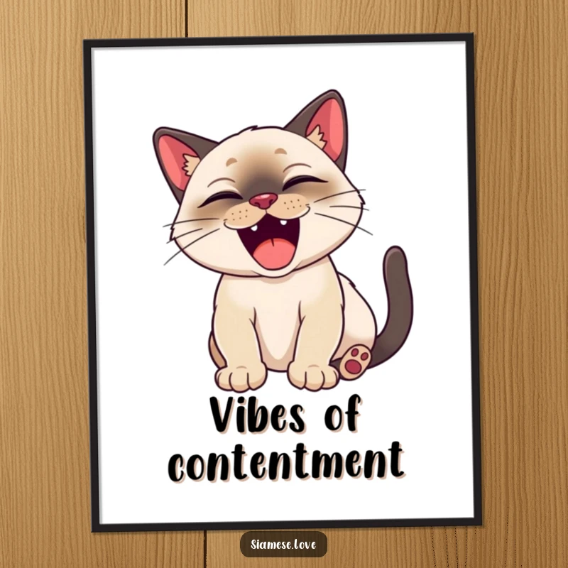 Funny Siamese cat character happily stretching with a big, satisfied yawn, as a humorous art print.