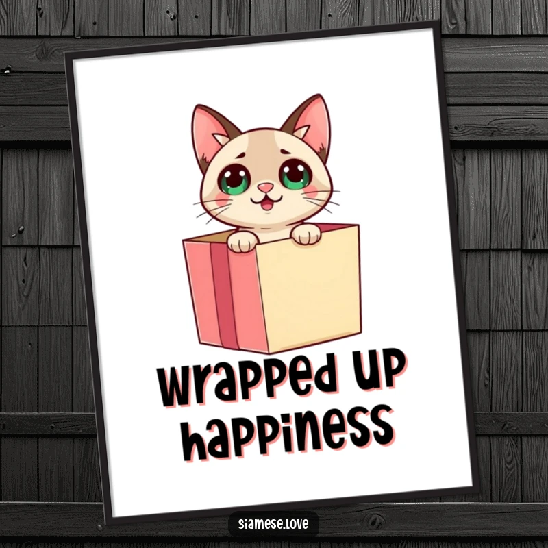 Funny Siamese cat emerging from a gift box with a surprised look on a poster, creating joyful and humorous wall art.