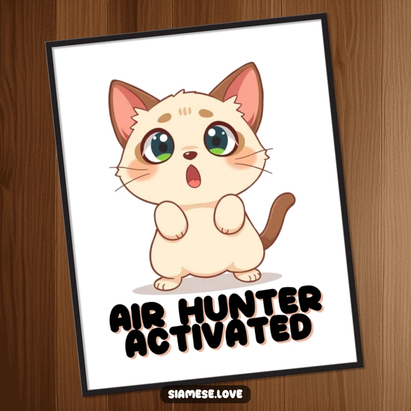 Funny poster capturing a surprised Siamese cat with huge eyes, launching into a comical pounce at empty air.