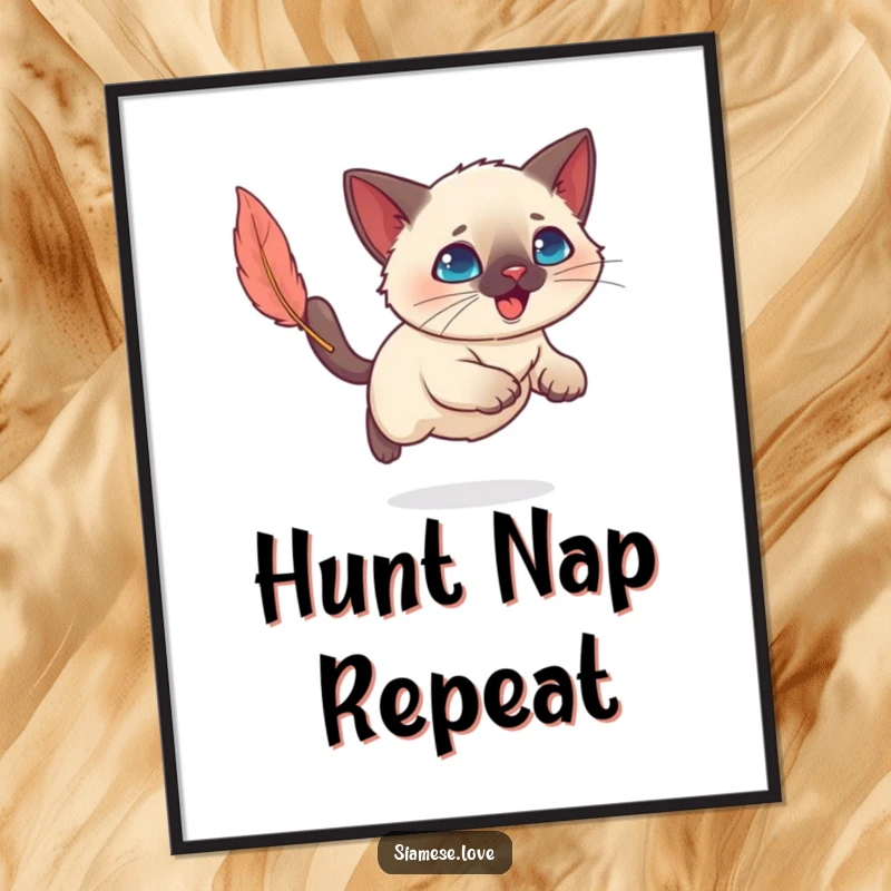 Funny Kawaii Siamese cat mid-play, enthusiastically chasing a feather toy, bringing joy and humor to wall decor.
