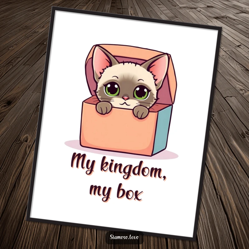 Funny poster of a stylized Siamese cat with curious eyes peeking from a colorful oversized box, ideal for humorous wall art.