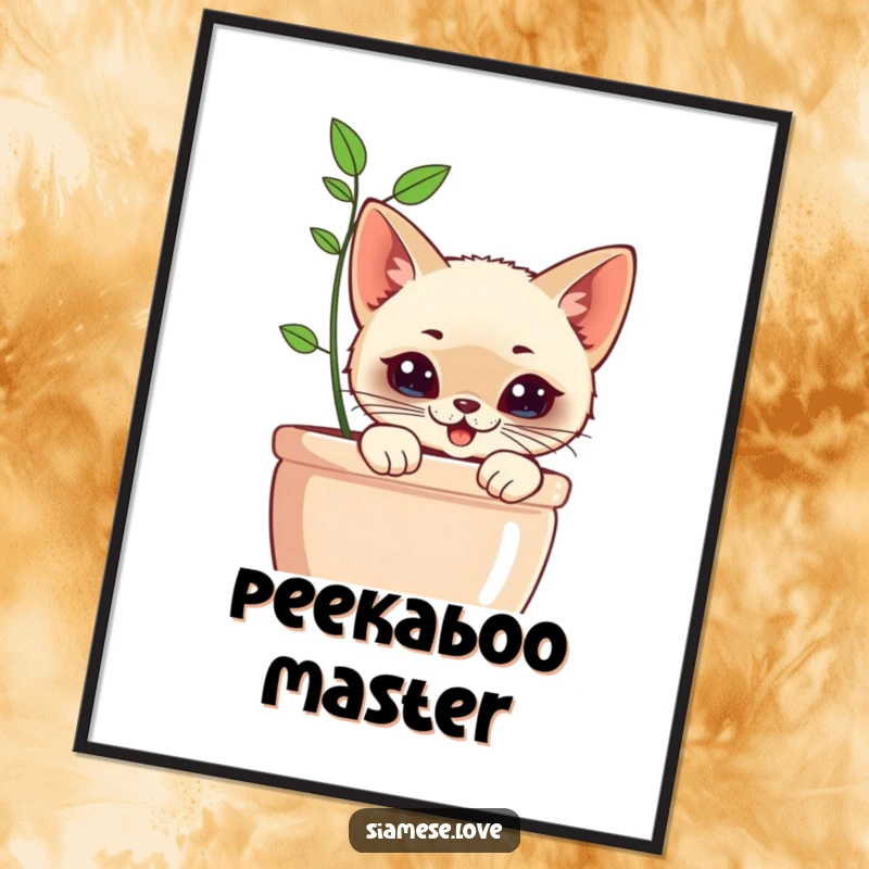Funny Kawaii Siamese Cat Poster: Charming illustration of a cat with a mischievous grin peeking from behind a houseplant.