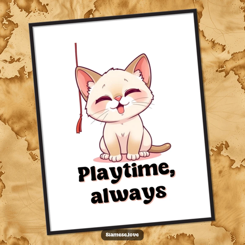 Funny Poster featuring a playful Siamese cat batting at a dangling string, capturing feline curiosity and mischievous fun for wall decor.