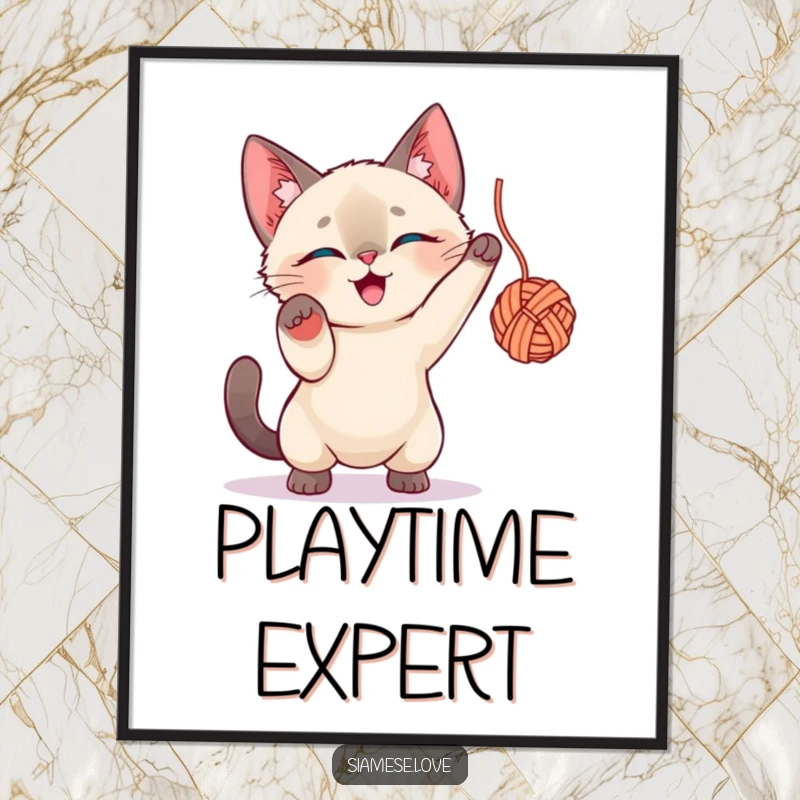 Funny Siamese Cat Poster: A dynamic Siamese cat character enthusiastically pouncing on a tempting ball of yarn.