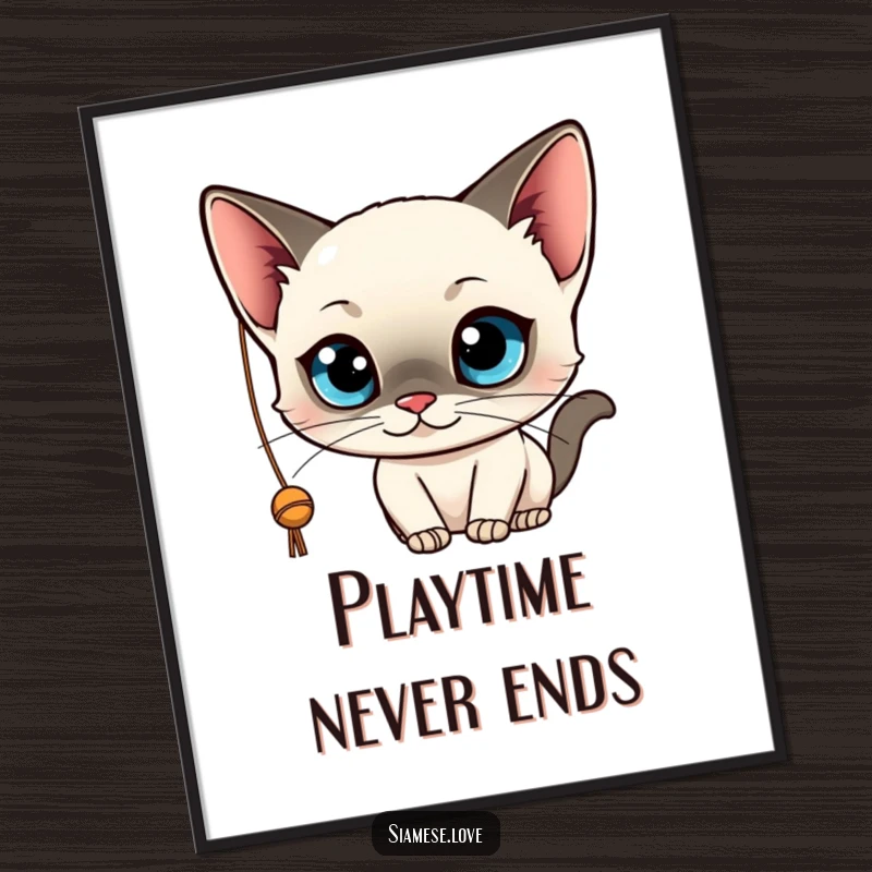 Funny poster print of a kawaii Siamese cat with wide blue eyes, playfully batting at a dangling string. Adorable wall art.