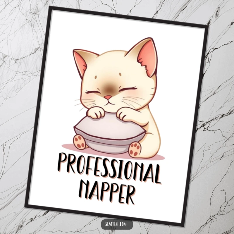 Funny Siamese cat poster of a cute kawaii kitty nuzzling a small cushion, radiating peacefulness and a contented purr.