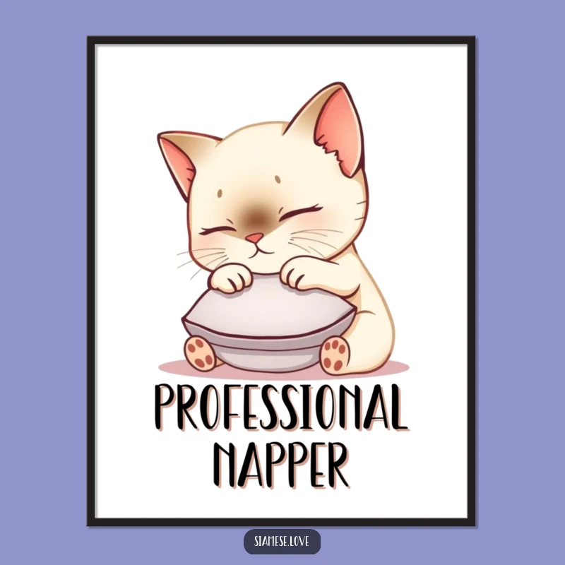 Funny Siamese Cat Poster: Cute Kawaii Kitty Nuzzling Cushion - Adorable Wall Art for Cat Lovers