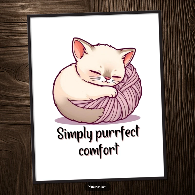 Funny Siamese cat poster print, a content feline is peacefully curled up inside a large ball of yarn, evoking warmth.