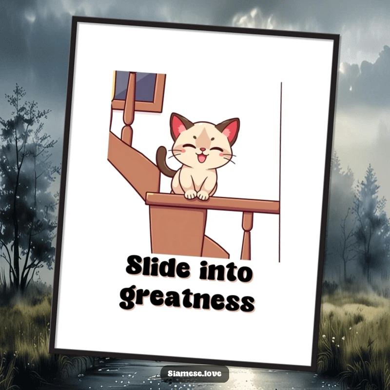 Funny poster of a stylized Siamese cat playfully sliding down a banister with a joyful expression, ideal for humorous wall art.