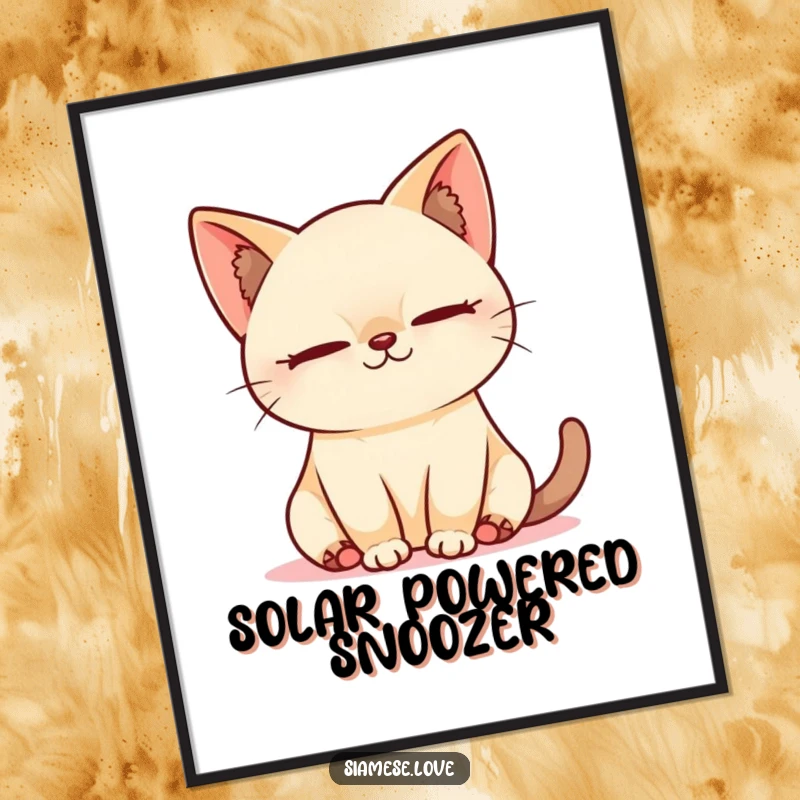 Funny Kaw Kawaii Siamese cat sleeping soundly in a sunbeam, captured on a beautiful poster for calming decor.