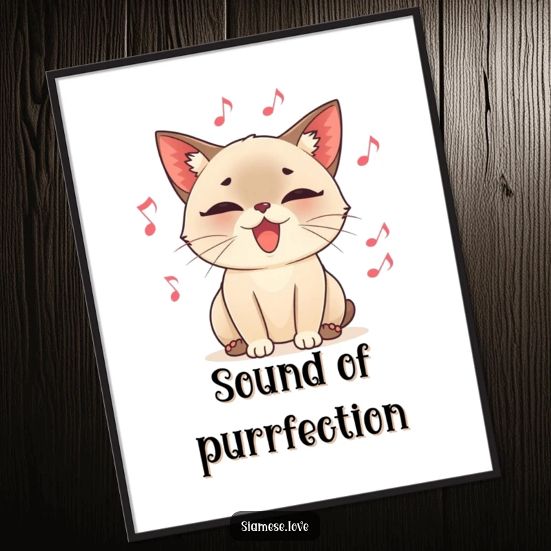 Funny wall art poster, a content Siamese cat character purring loudly, surrounded by floating musical notes, creating a harmonious and amusing scene.