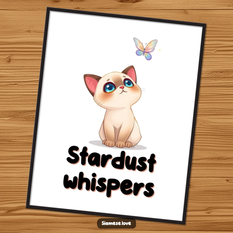 Funny Siamese Cat Poster: Stunning wall art of a cat in awe of a glowing butterfly, adding a touch of wonder.