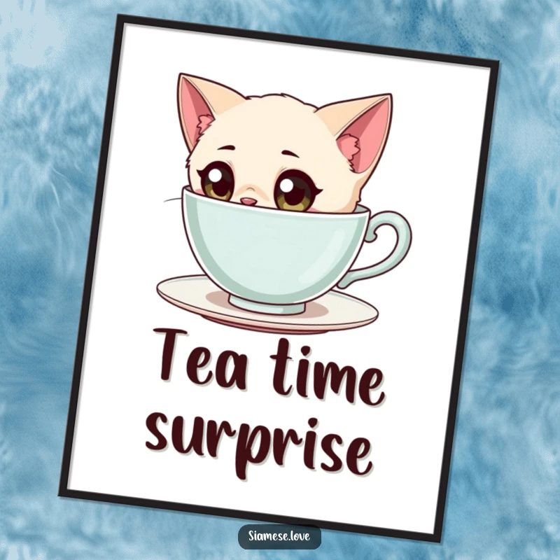 Funny Siamese Cat Poster: A curious Siamese cat with large, expressive eyes peering into an oversized teacup.