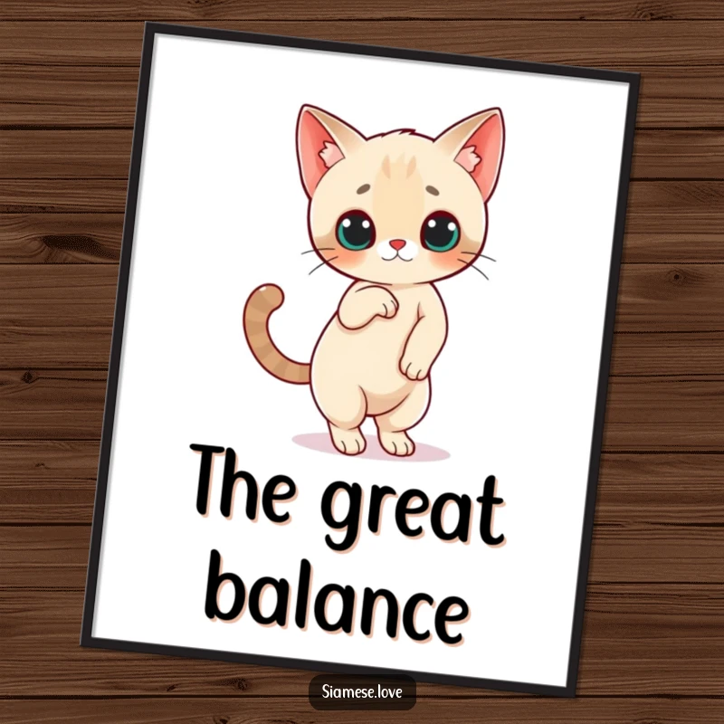 Funny Siamese Cat Poster: A Siamese cat character balances on its hind legs with its tail high, showcasing impressive feline humor.