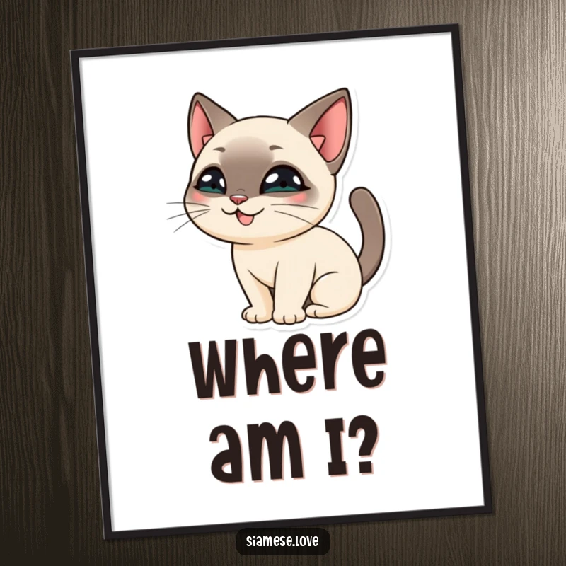 Funny Siamese Cat Poster: A charming Siamese cat character with a mischievous grin, hiding its face behind its own tail.