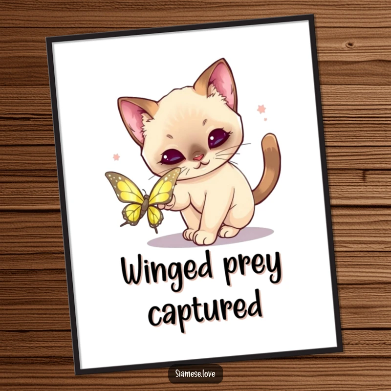 Funny Kawaii Siamese Cat Poster: Dynamic illustration of a cat playfully pouncing on a shimmering butterfly.
