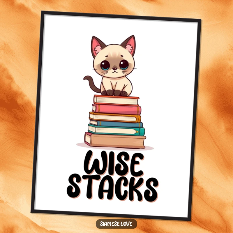 Funny Kawaii Siamese cat balancing precariously on a stack of books, presented as charming wall art on a poster.