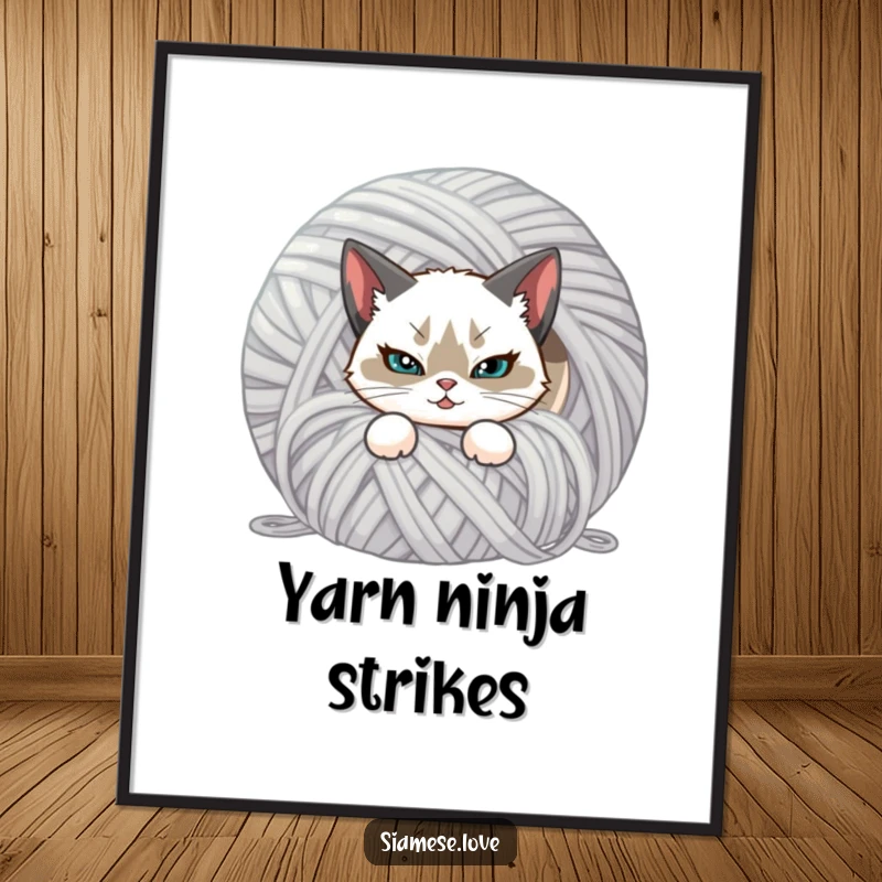 Funny poster print of a Siamese cat with a mischievous smirk, hiding behind a giant ball of yarn. Humorous wall decor.