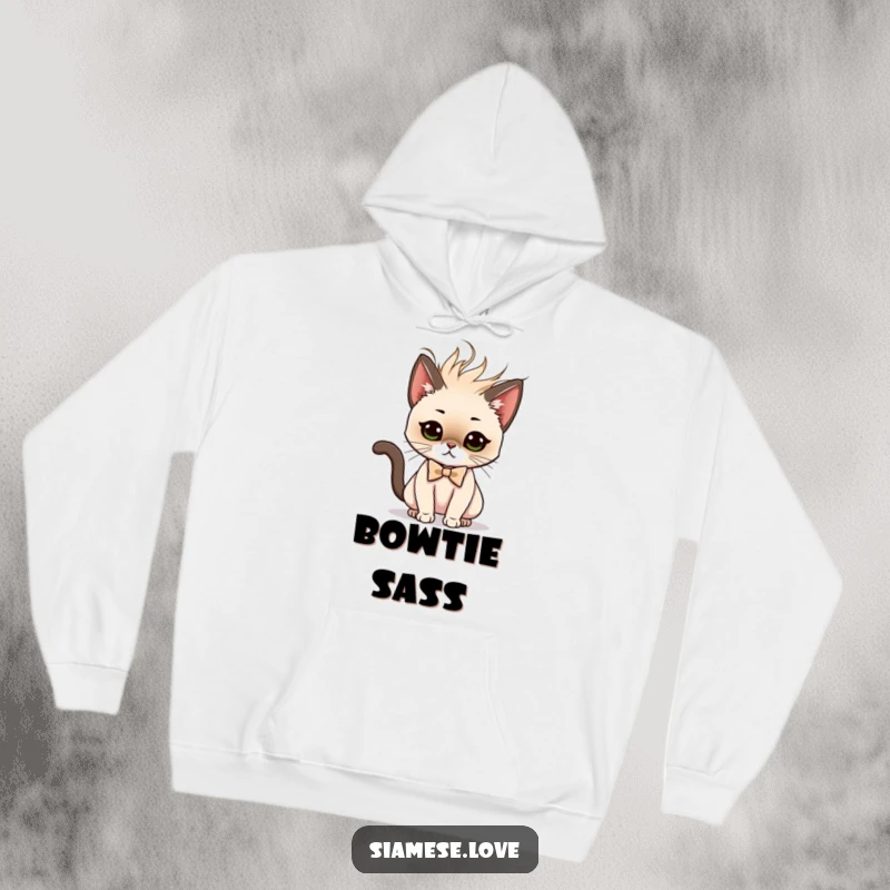 Funny hoodie with a Siamese cat character wearing a bow tie, performing a dramatic and sassy hair flip.
