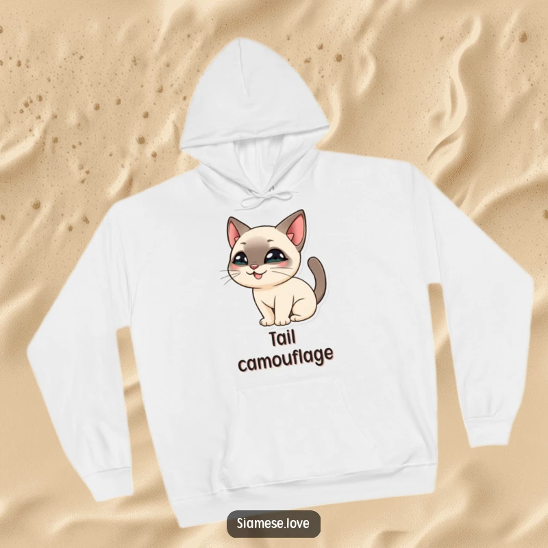 Funny Siamese Cat Hoodie: A sly Siamese cat character with a mischievous smile, hiding coyly behind its own tail.