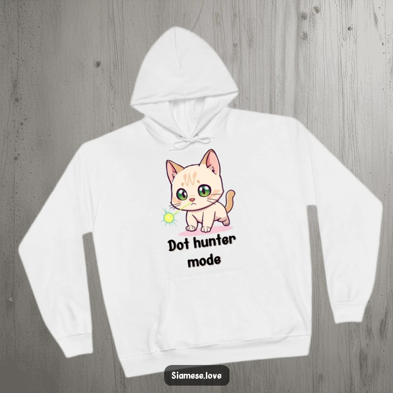 Funny Siamese Cat Hoodie: A startled Siamese cat character enthusiastically pursuing a laser dot, a humorous and cozy design.
