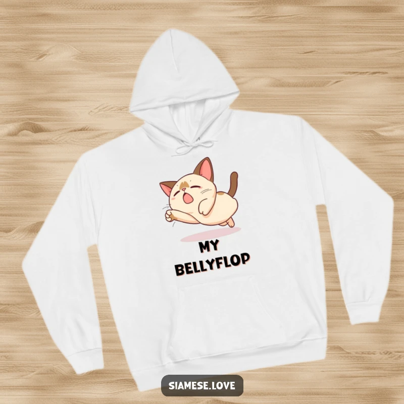 Funny Kawaii Siamese Cat Hoodie: A cute cat character executes a hilariously clumsy, exaggerated dive, perfect for cozy humor.