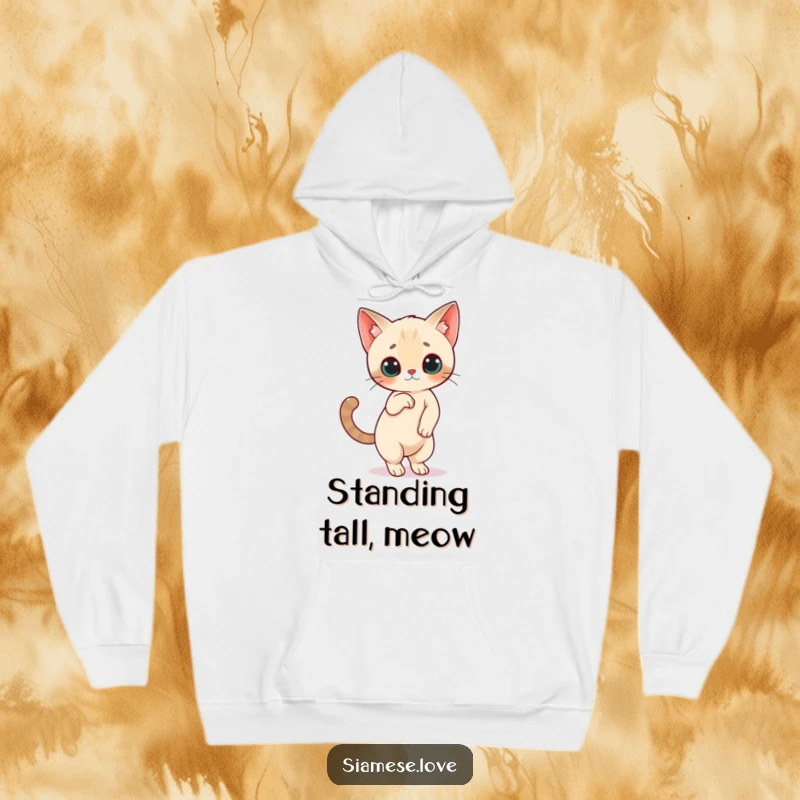 Funny Siamese Cat Hoodie: A little Siamese cat character balances on its hind legs with its tail high, offering cozy humor.
