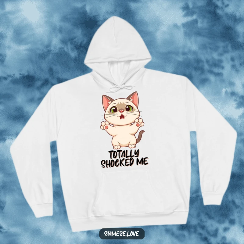 Funny hoodie with a Siamese cat character raising its paws in a hilariously surprised and shocked posture, conveying an amusing sense of bewilderment.