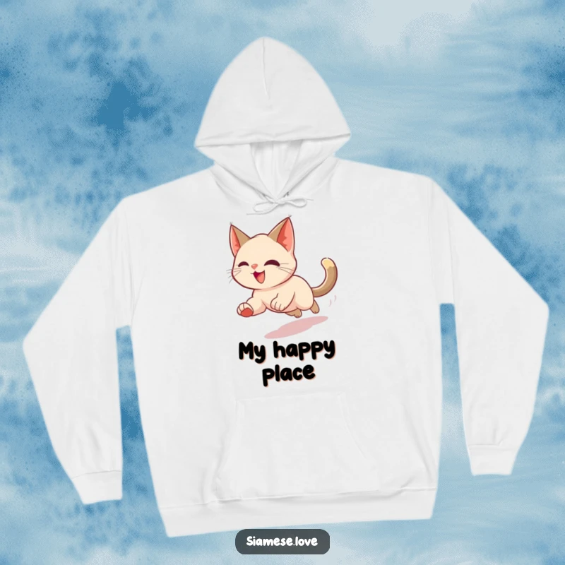 Funny hoodie showcasing a cheerful Siamese cat in a motion blur as it enthusiastically chases its own tail, radiating energetic fun.