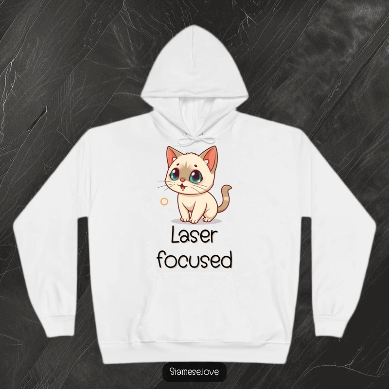 Funny hoodie depicting a surprised kawaii Siamese cat intensely chasing a red laser dot, embodying playful curiosity.