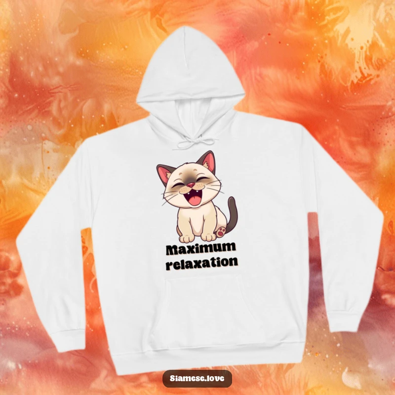 Funny Siamese cat character happily stretching with a big, satisfied yawn, featured on a cozy hoodie.