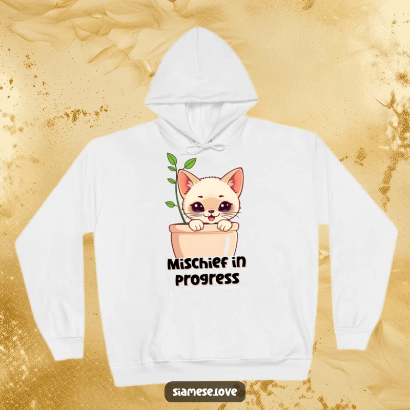 Funny Kawaii Siamese Cat Hoodie: Soft hoodie featuring a cute cat with a mischievous grin peeking from behind a planter.