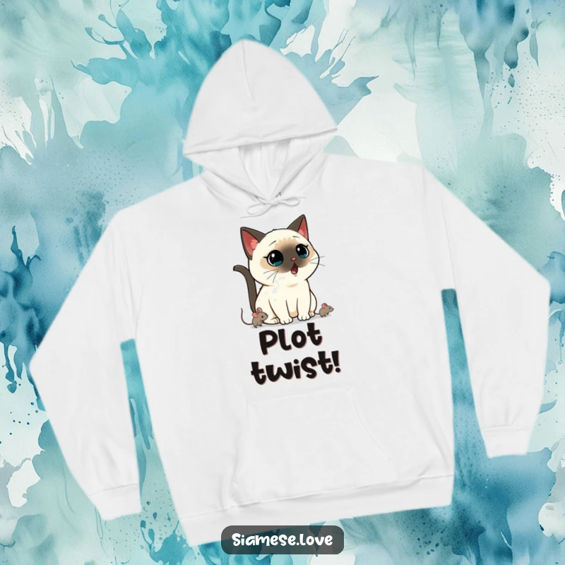 Funny Kawaii Siamese cat hoodie featuring a shocked cat observing a mouse's quick escape, a great funny gift idea.