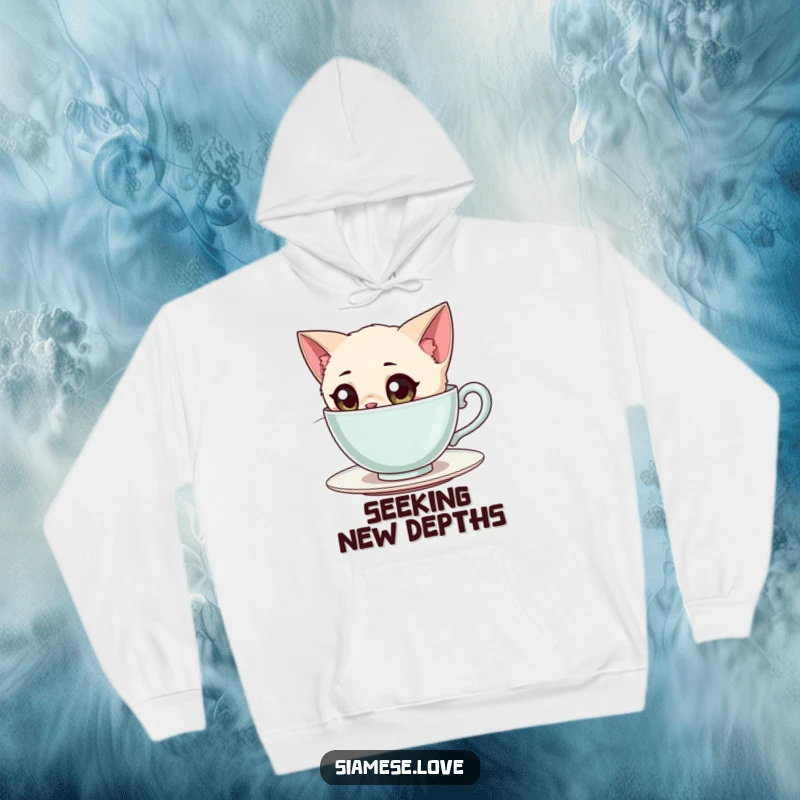 Funny Siamese Cat Hoodie: A curious Siamese cat with big, inquisitive eyes peering into a massive teacup.
