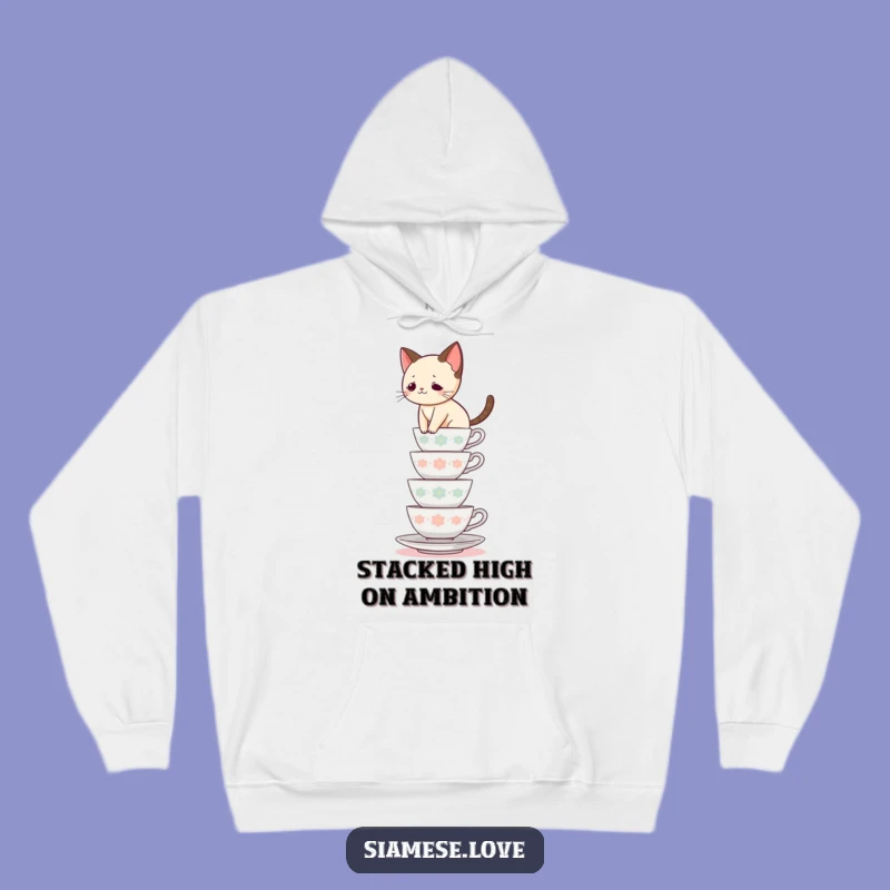 Funny Siamese Cat Teacup Tower Hoodie - Cozy Hilarious Feline Gift!