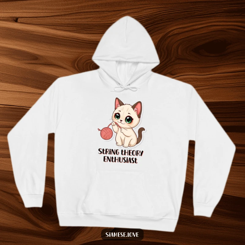 Funny Kawaii Siamese Cat Hoodie: Soft hoodie with a cute cat engrossed in batting a dangling yarn ball.