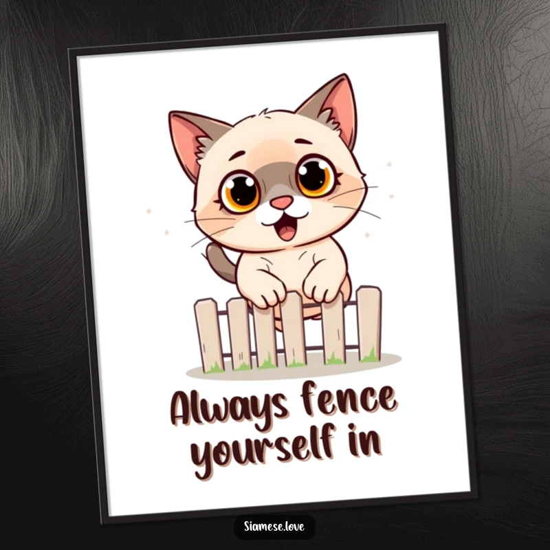 Funny Free Printable Wall Art: A Siamese cat caught mid-air, eyes wide with surprise jumping over a small fence.