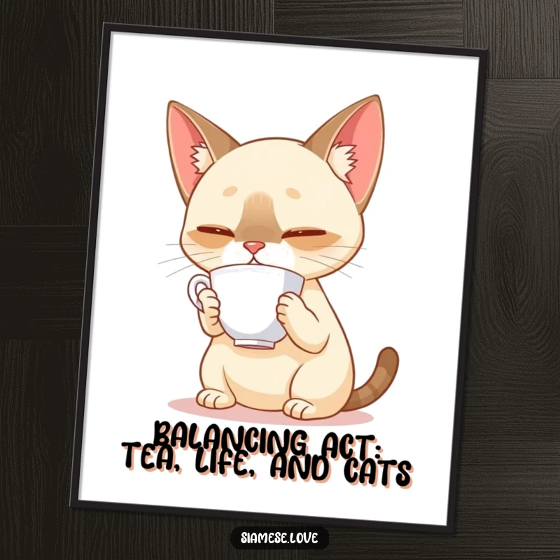 Funny Free Printable Wall Art: Siamese cat intently balances a delicate teacup on its nose, a charming piece.