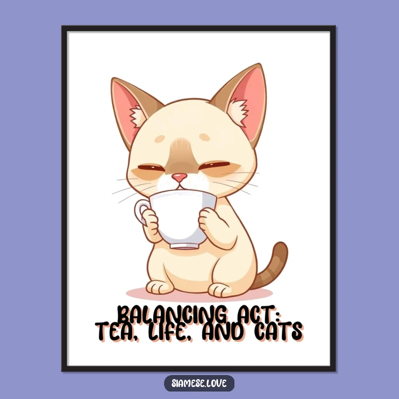 Funny Free Printable Wall Art: Siamese Cat Teacup Balance Downloadable Art