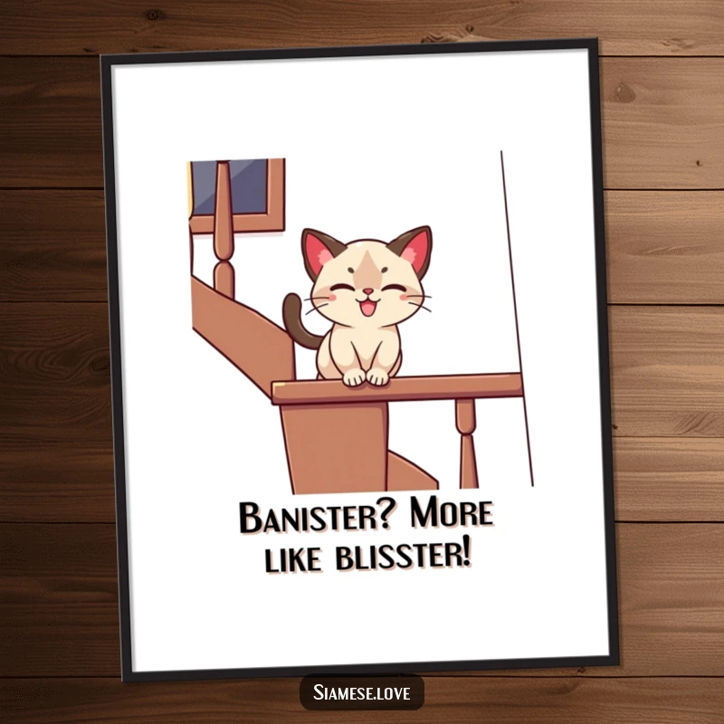 Funny Free Printable Wall Art: Stylized Siamese cat sliding down a banister with a gleeful, playful expression, full of motion.