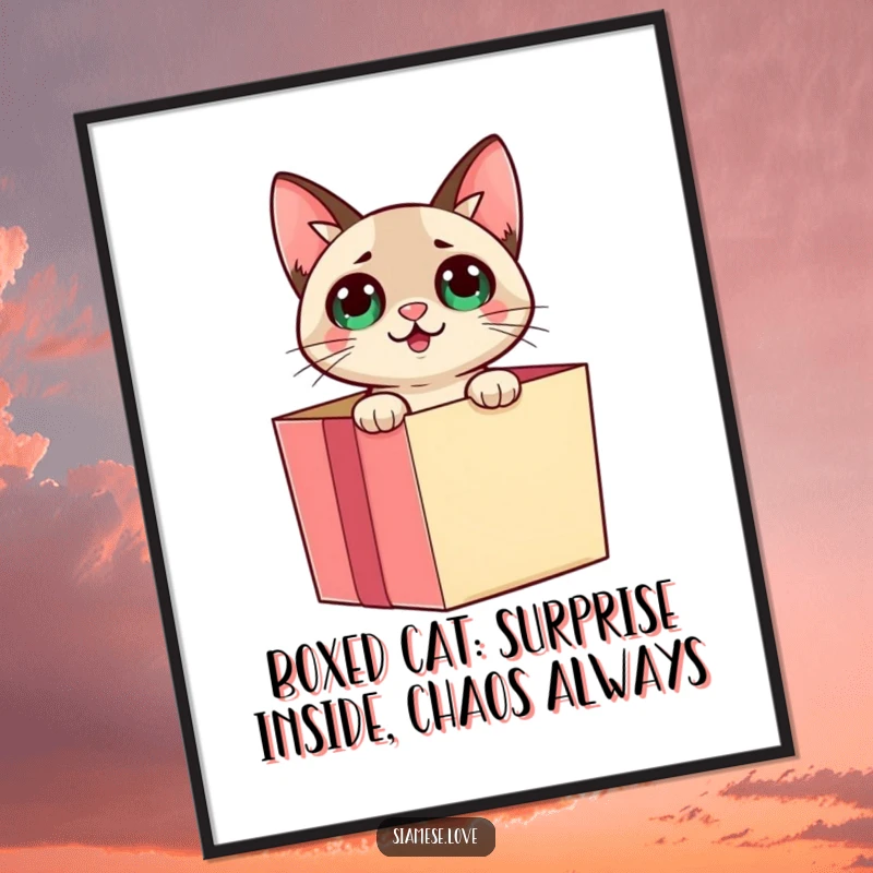 Funny Free Printable Wall Art: Siamese cat emerges from a gift box with a playful surprise, a charming artwork.