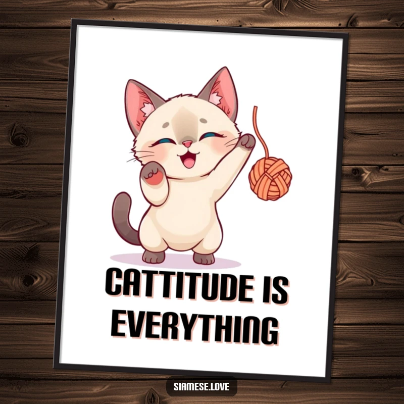 Funny Free Printable Wall Art: Siamese Cat wildly batting a ball of yarn, pure playful chaos, downloadable art.