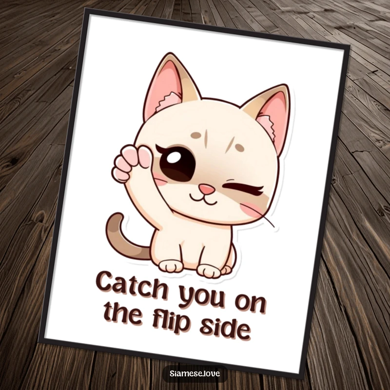 Funny Free Printable Wall Art of a Siamese cat with a knowing wink and one paw raised in a stylish wave.