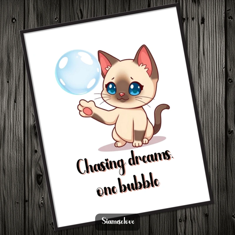 Funny Free Printable Wall Art: Curious Siamese cat playfully batting a floating bubble, capturing pure joy.
