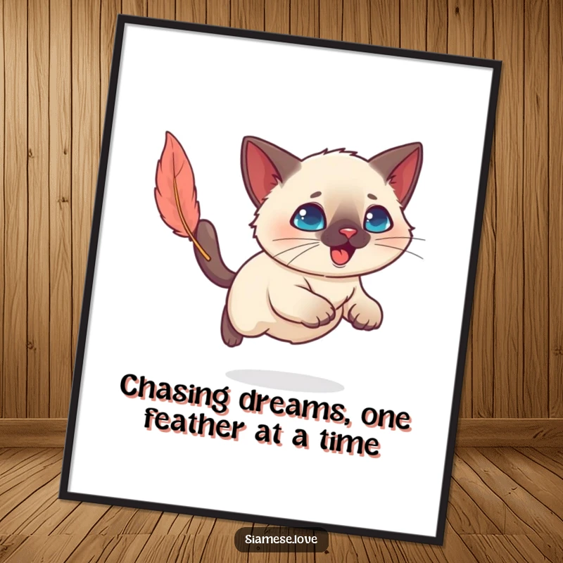 Funny Free Printable Wall Art: A cute Kawaii Siamese cat energetically chasing a feather toy, radiating pure joy.