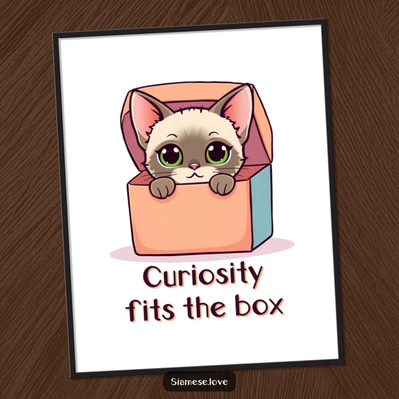 Funny Free Printable Wall Art: Siamese cat with curious eyes peeking out from an oversized, colorful box, adding whimsy.