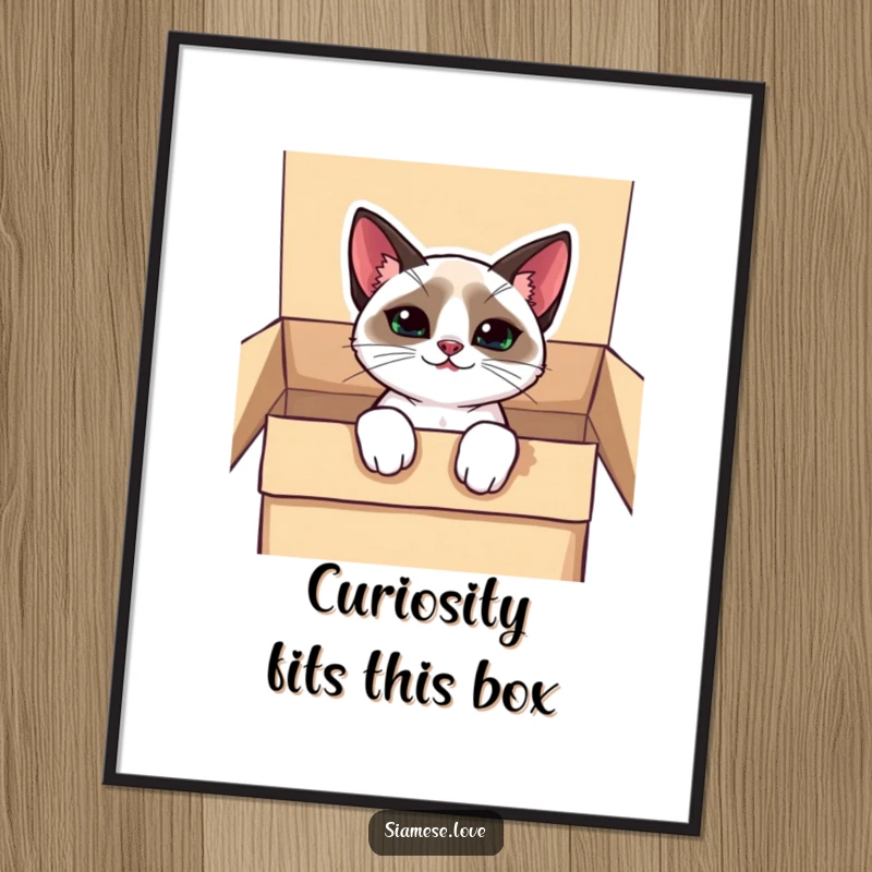 Funny Free Printable Wall Art featuring a cute kawaii Siamese cat with a mischievous grin, playfully peeking from an open box.