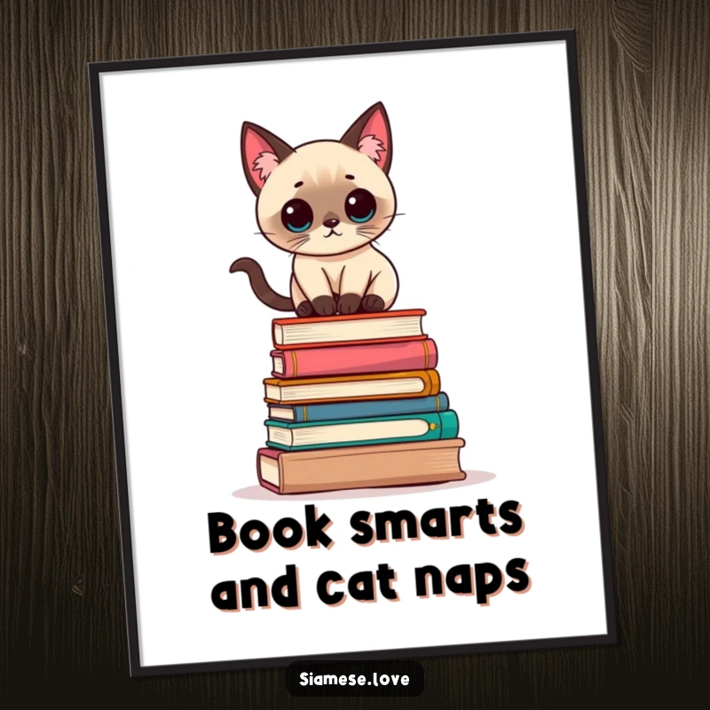 Free Printable Wall Art: A Kawaii Siamese cat balances precariously on piled books, creating a whimsical and charming scene.