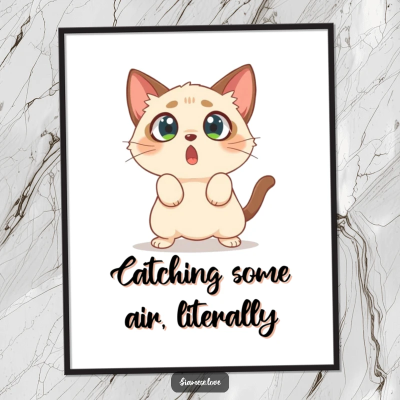 Funny Free Printable Siamese cat character with wide eyes, comically pouncing on empty air for wall art.