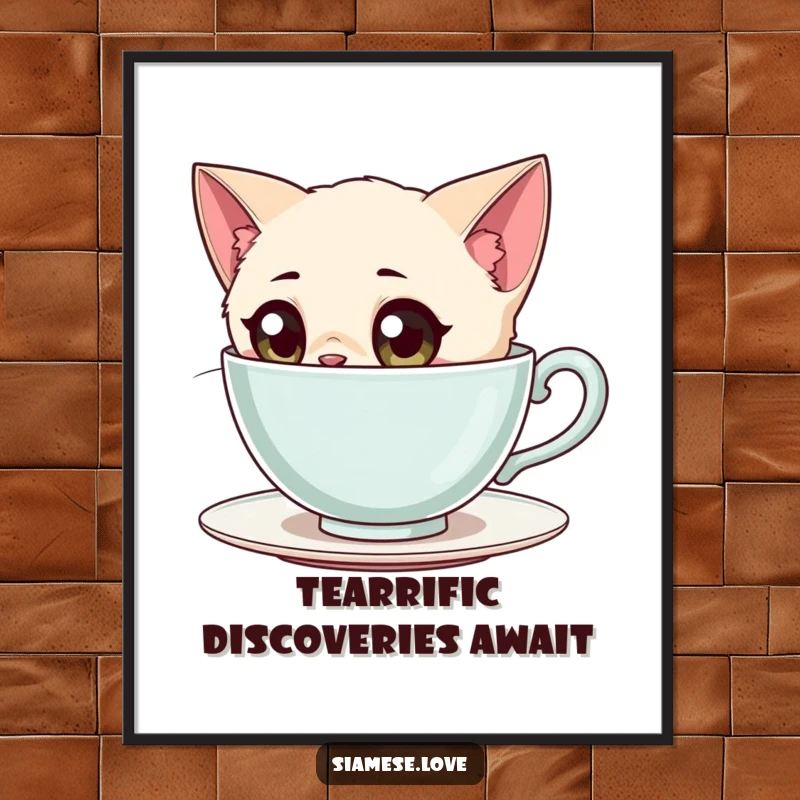 Funny Free Printable Wall Art: Siamese Cat with wide inquisitive eyes peering into a giant teacup, curious, detailed, downloadable art.